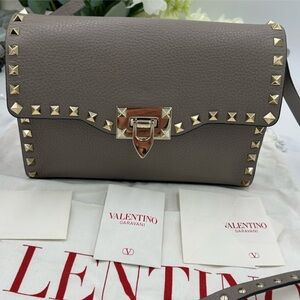 Valentino Garavani Taupe Studded calf skin shoulder /Crossbody Bag